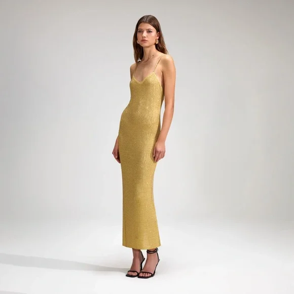 self-portrait YELLOW RHINESTONE MESH MIDI DRESS - Picture 3 of 14